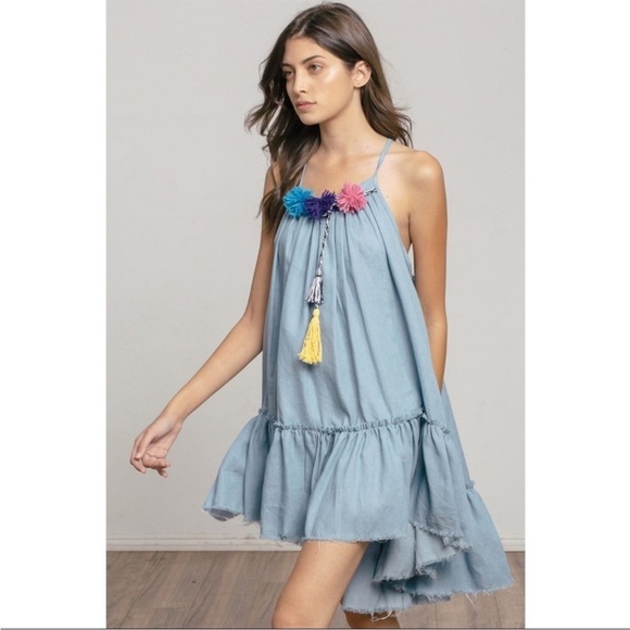 misa - dali dress sleeveless pom pom chambray loose oversized vacation fun M - Picture 1 of 15